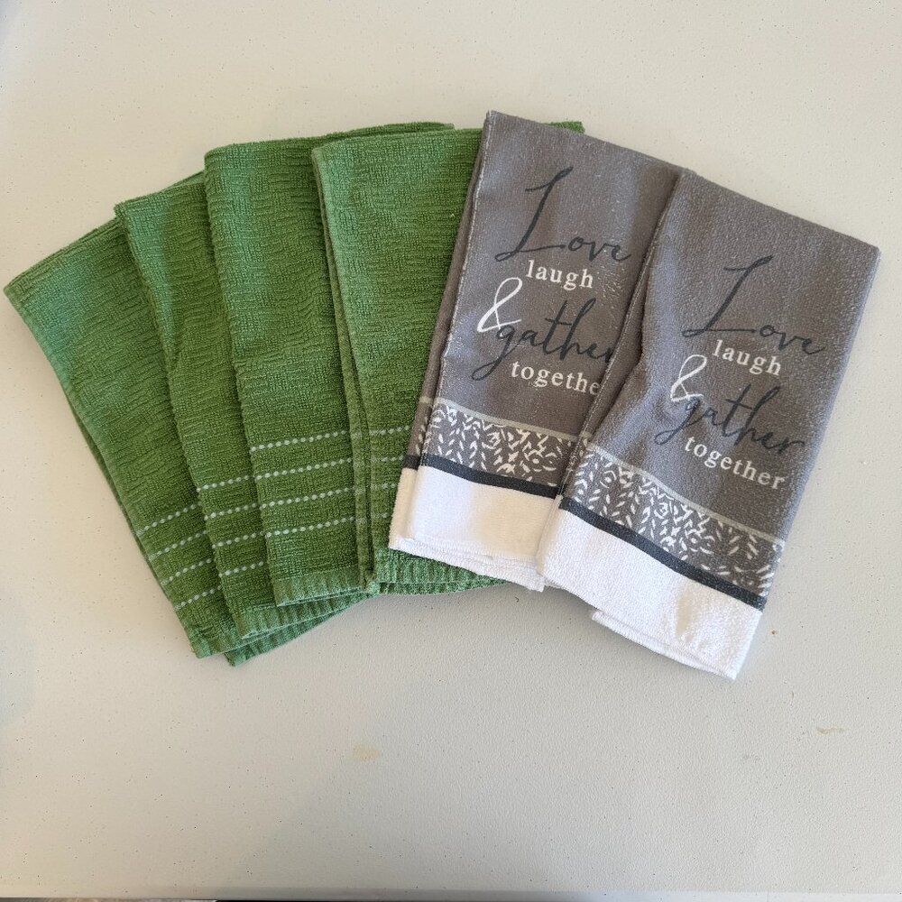 Kitchen Dish Towels Set | Love Laugh Gather Script & Green | Set of 6